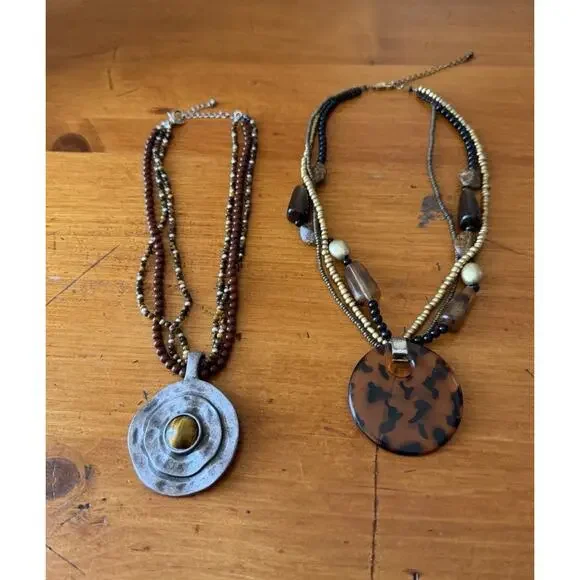 Boho Pendant Necklace Bundle Tiger Eye Tortoise Shell Statement Jewelry Lot - Picture 10 of 10